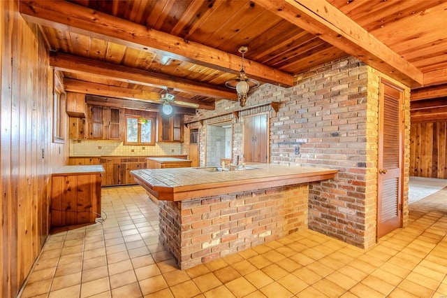 kitchen featuring light tile patterned flooring, sink, tile counters, wood ceiling, and kitchen peninsula