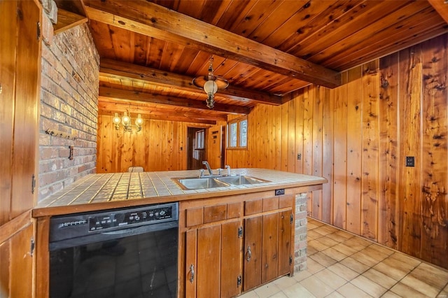 kitchen featuring sink, wood ceiling, beam ceiling, black dishwasher, and tile counters