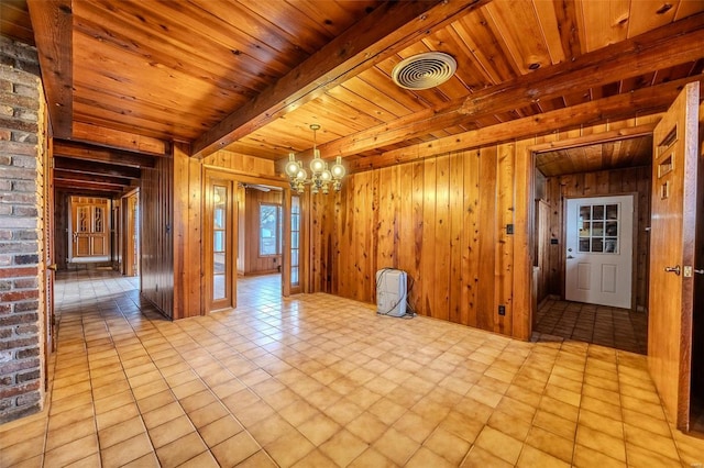 empty room with wooden walls, an inviting chandelier, wood ceiling, and beam ceiling