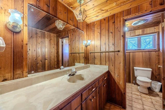 bathroom featuring wood walls, tile patterned flooring, vanity, wood ceiling, and toilet