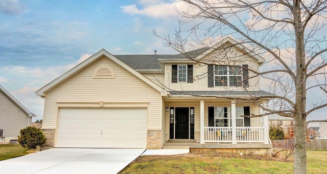 traditional-style house featuring a shingled roof, concrete driveway, stone siding, an attached garage, and a porch