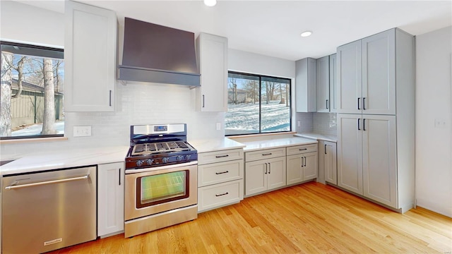 kitchen with gray cabinets, appliances with stainless steel finishes, backsplash, light hardwood / wood-style floors, and wall chimney range hood