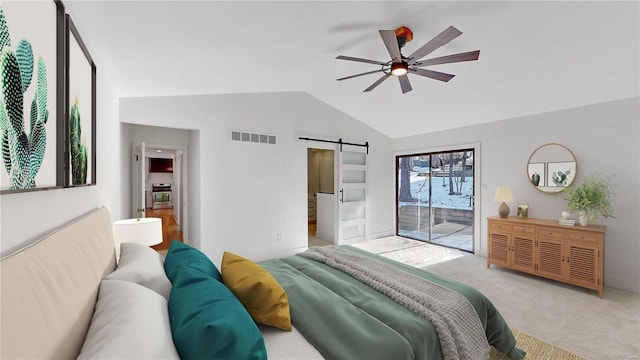 bedroom with lofted ceiling, access to exterior, ceiling fan, a barn door, and light carpet