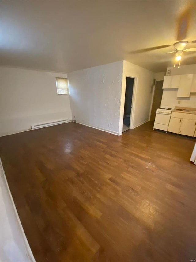 unfurnished living room with dark wood-type flooring, ceiling fan, and baseboard heating