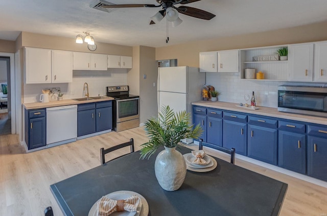 kitchen with stainless steel appliances, blue cabinets, and white cabinets