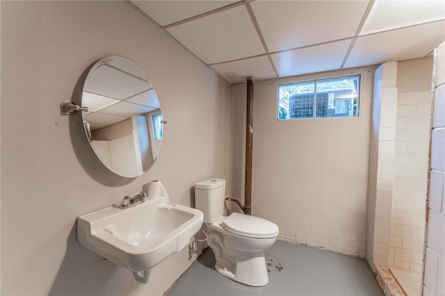 bathroom with a drop ceiling, sink, concrete flooring, and toilet