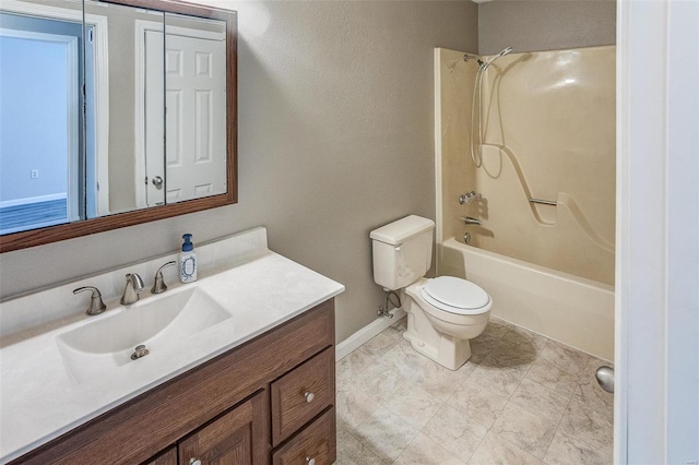 full bathroom with toilet, vanity, and bathtub / shower combination