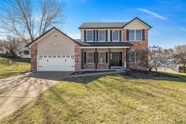 traditional-style home featuring driveway, a front lawn, an attached garage, and brick siding