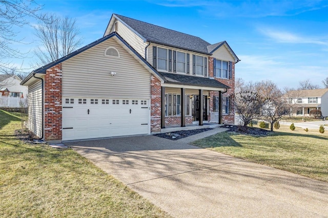 traditional-style home with a garage, concrete driveway, covered porch, a front lawn, and brick siding