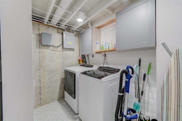 laundry room with electric panel, cabinets, and washing machine and clothes dryer