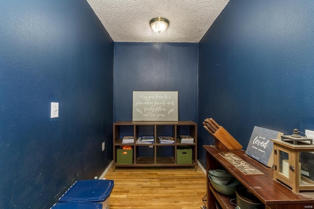 playroom featuring a textured ceiling and wood finished floors