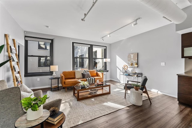 living room featuring track lighting and wood-type flooring