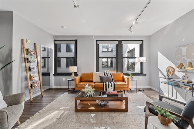 sitting room featuring hardwood / wood-style floors and track lighting