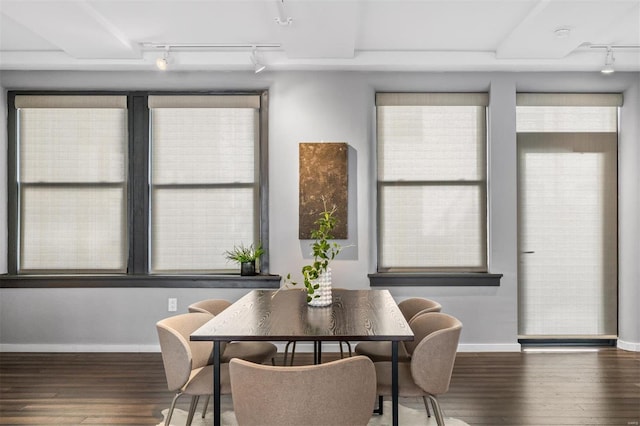 dining area featuring dark wood-type flooring and rail lighting