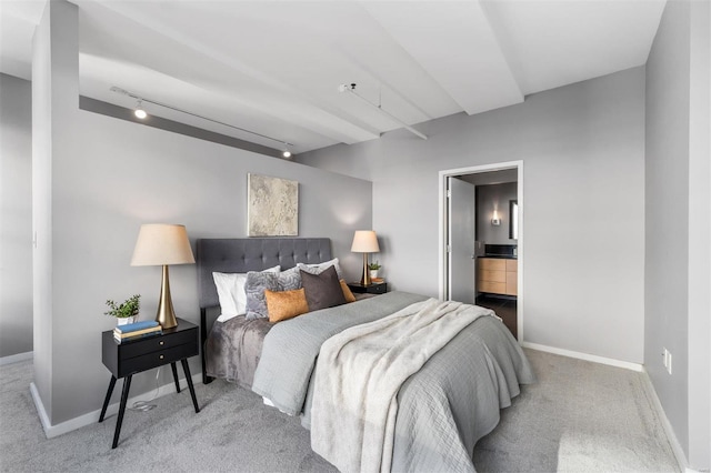 carpeted bedroom with track lighting and ensuite bath