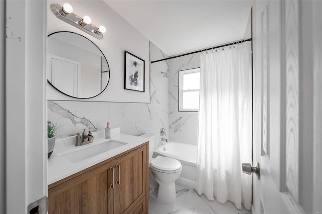 full bathroom featuring vanity, toilet, tile walls, and shower / bath combo