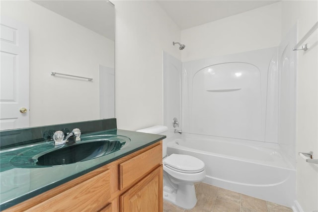 full bathroom with vanity, toilet, tub / shower combination, and tile patterned flooring