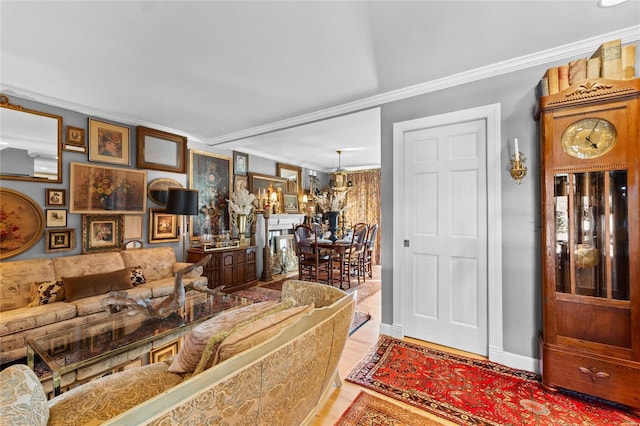 living room with crown molding