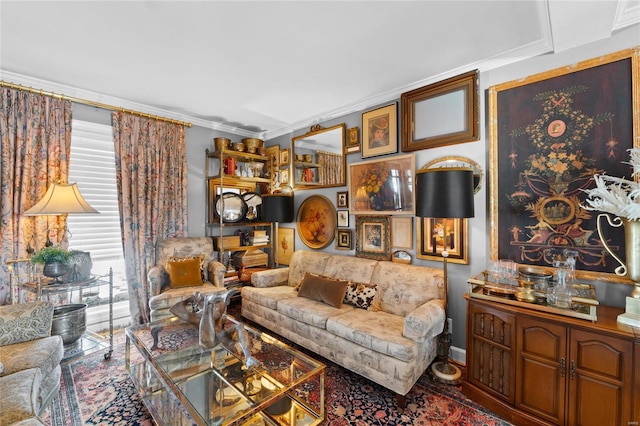 living room featuring ornamental molding