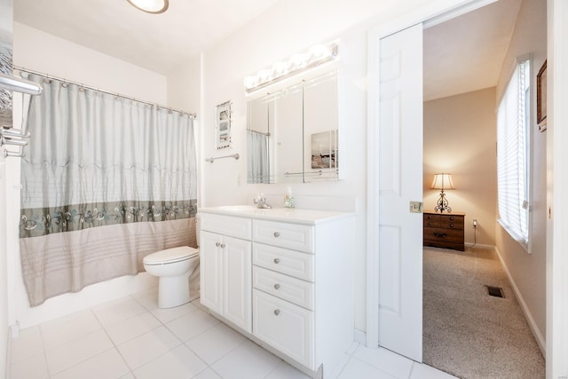 full bathroom featuring tile patterned flooring, vanity, shower / bathtub combination with curtain, and toilet