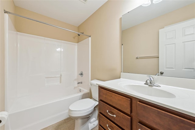 full bathroom featuring vanity, tile patterned floors, washtub / shower combination, and toilet