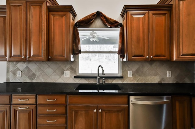 kitchen with tasteful backsplash, dishwasher, sink, and dark stone countertops