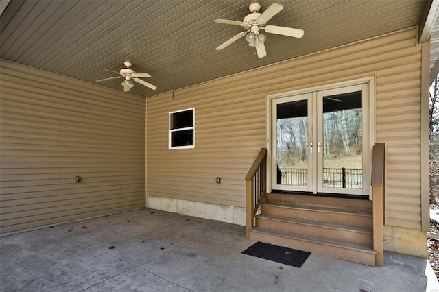 view of patio featuring french doors and ceiling fan