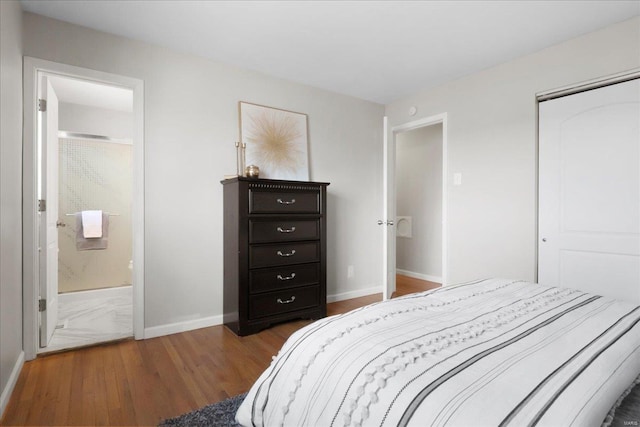 bedroom featuring hardwood / wood-style floors, a closet, and ensuite bathroom