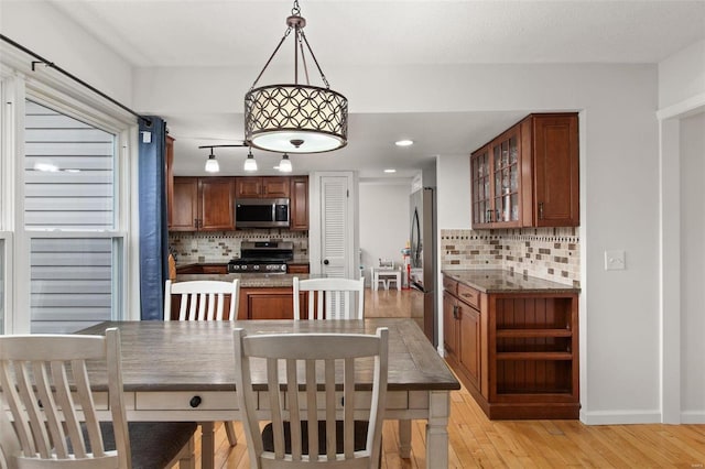 kitchen with stainless steel appliances, pendant lighting, decorative backsplash, and light hardwood / wood-style flooring