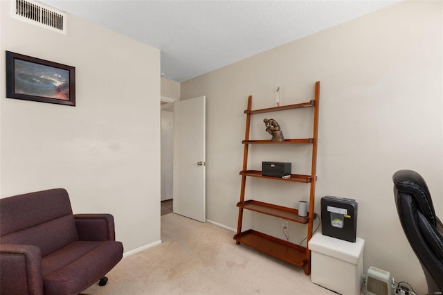 sitting room featuring light carpet