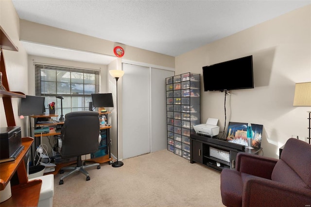 carpeted office featuring a textured ceiling