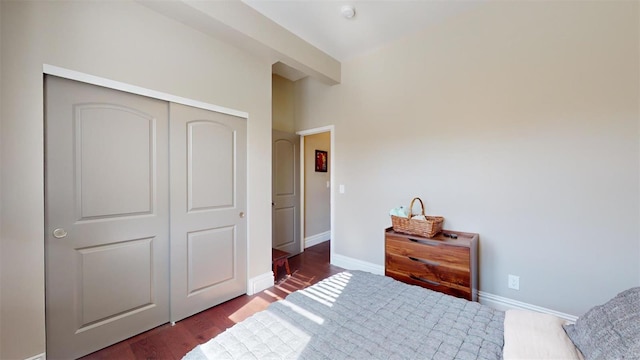 bedroom with dark hardwood / wood-style flooring and a closet