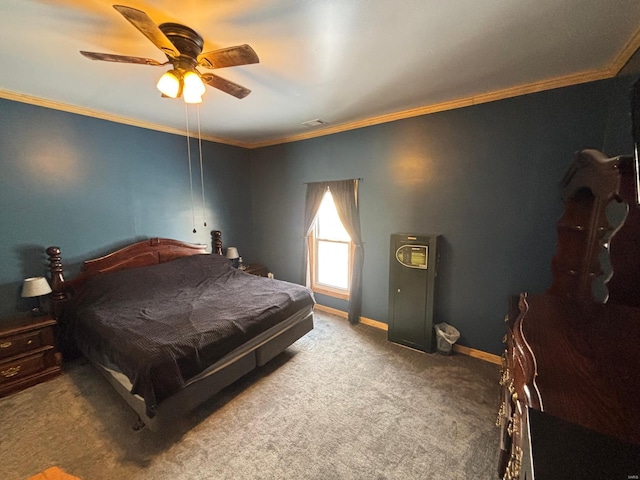 bedroom with crown molding, carpet floors, and ceiling fan