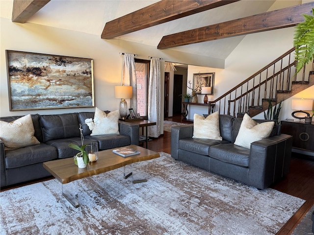 living room featuring dark wood-type flooring and lofted ceiling with beams