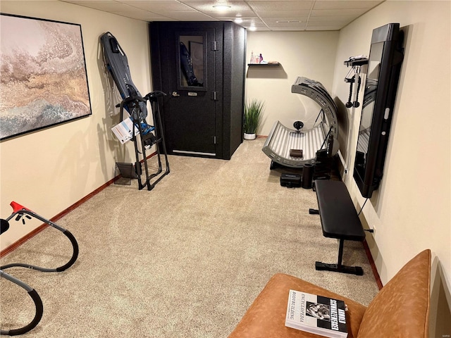 workout room featuring light colored carpet and a drop ceiling