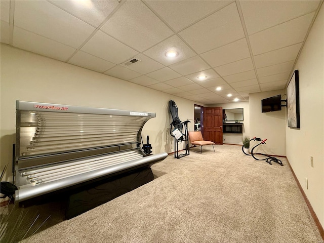 misc room featuring baseboards, carpet, visible vents, and recessed lighting