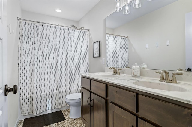 bathroom featuring vanity, toilet, tile patterned flooring, and a shower with shower curtain