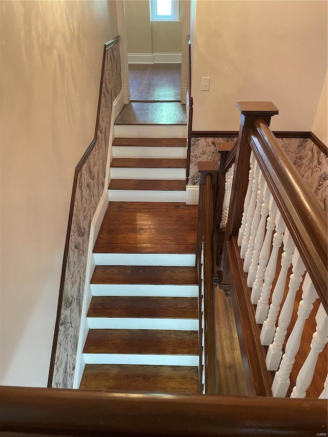 stairway with hardwood / wood-style floors