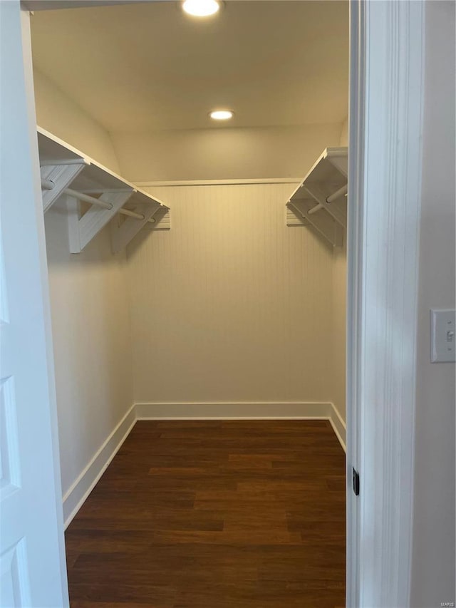 spacious closet featuring dark hardwood / wood-style flooring