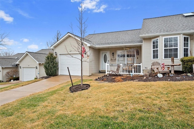 ranch-style house with a porch, concrete driveway, roof with shingles, a front yard, and an attached garage