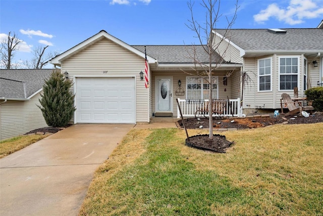 ranch-style house featuring driveway, a front lawn, a porch, an attached garage, and a shingled roof