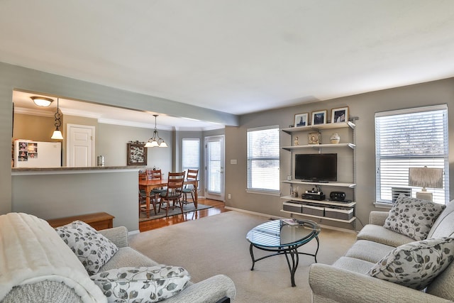 living room with ornamental molding and a healthy amount of sunlight