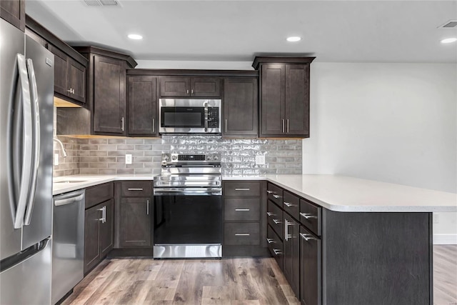 kitchen featuring appliances with stainless steel finishes, decorative backsplash, dark brown cabinetry, kitchen peninsula, and light wood-type flooring