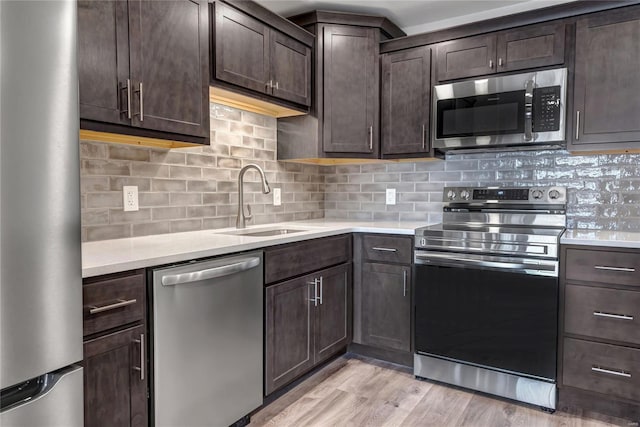 kitchen with sink, appliances with stainless steel finishes, dark brown cabinets, light hardwood / wood-style floors, and decorative backsplash