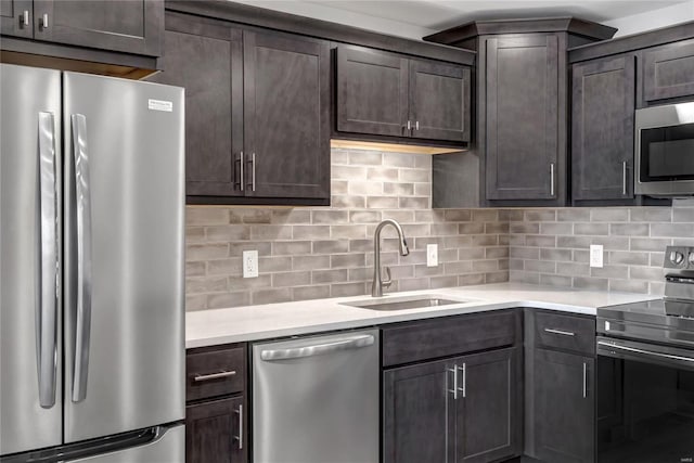 kitchen featuring tasteful backsplash, sink, dark brown cabinets, and appliances with stainless steel finishes