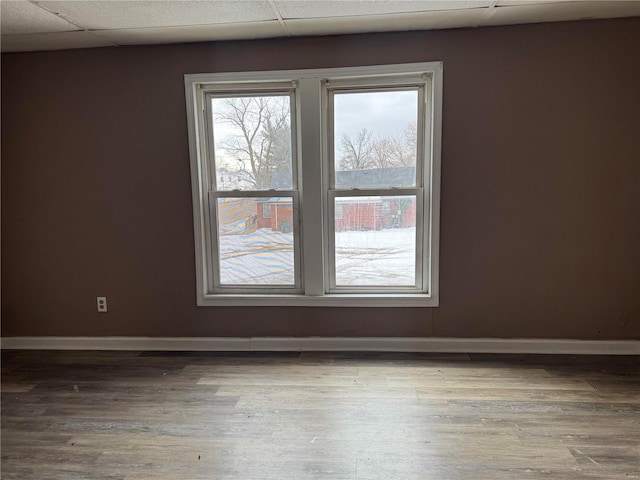 empty room with hardwood / wood-style flooring and a drop ceiling