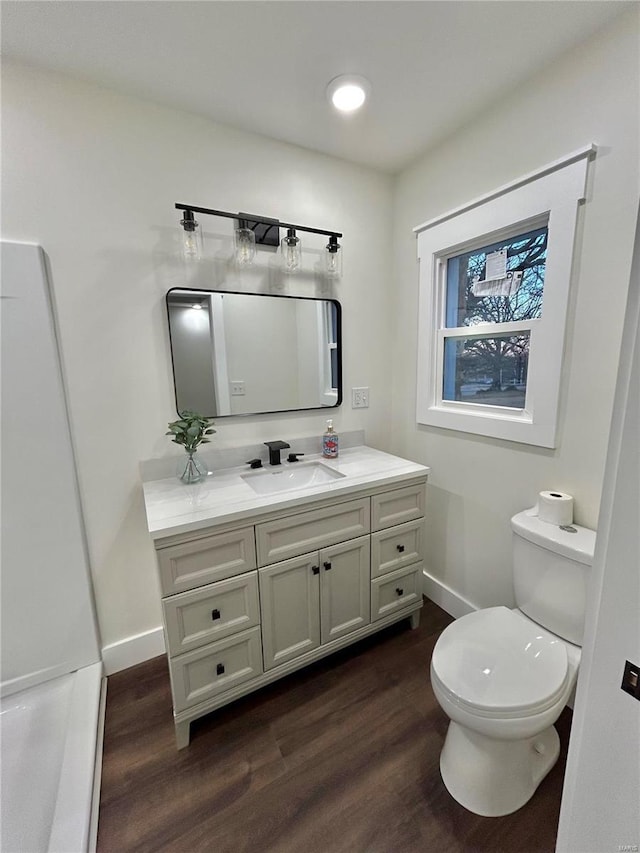 bathroom with vanity, hardwood / wood-style flooring, and toilet