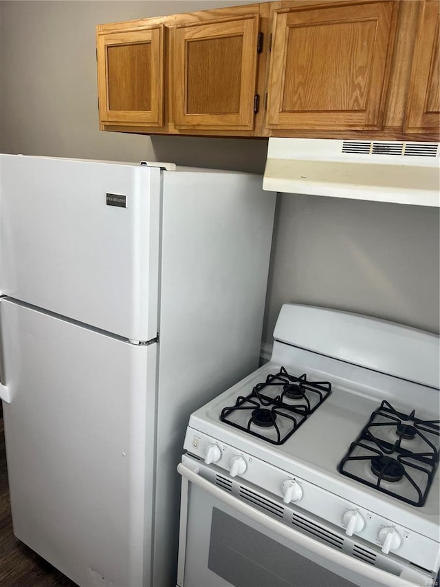 kitchen with dark wood-type flooring and white appliances