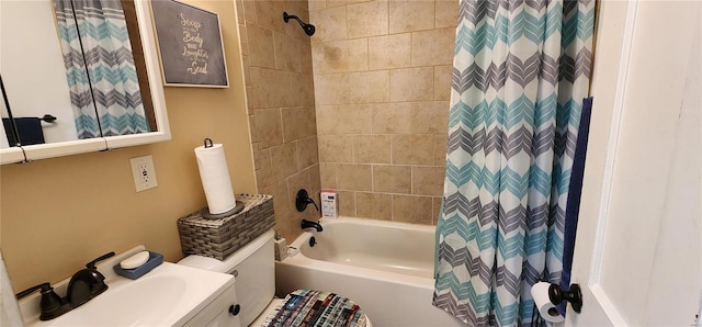 bathroom featuring vanity and shower / bath combo with shower curtain