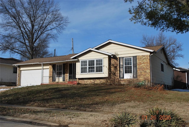 ranch-style home featuring a garage and a front lawn